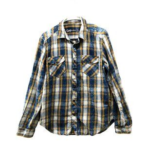 Gap Plaid Western Shirt Mens L‎ Blue Gold Pearl Snap Long Sleeve Cotton
